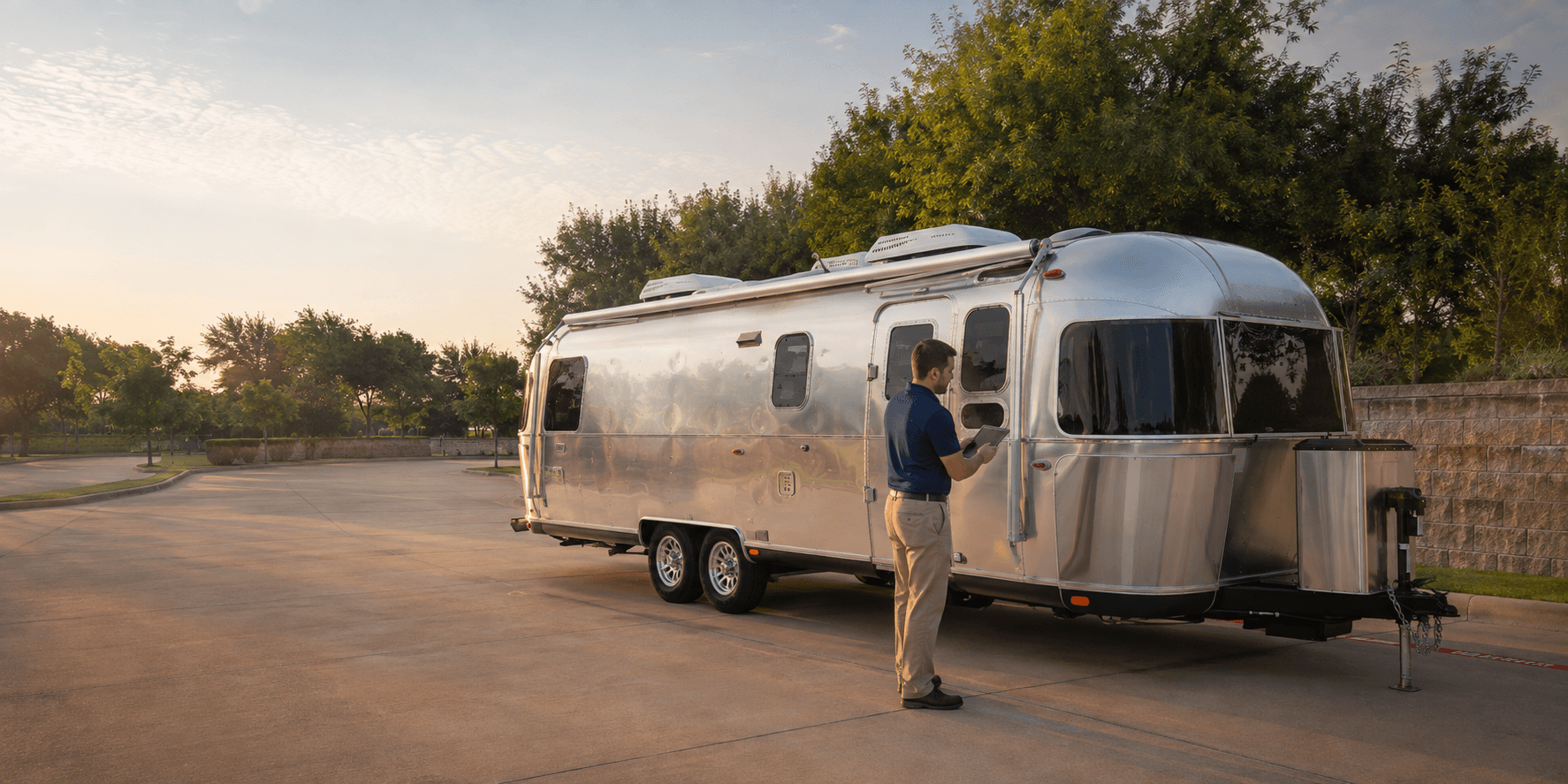 Inspector documenting the exterior of an aluminum travel trailer